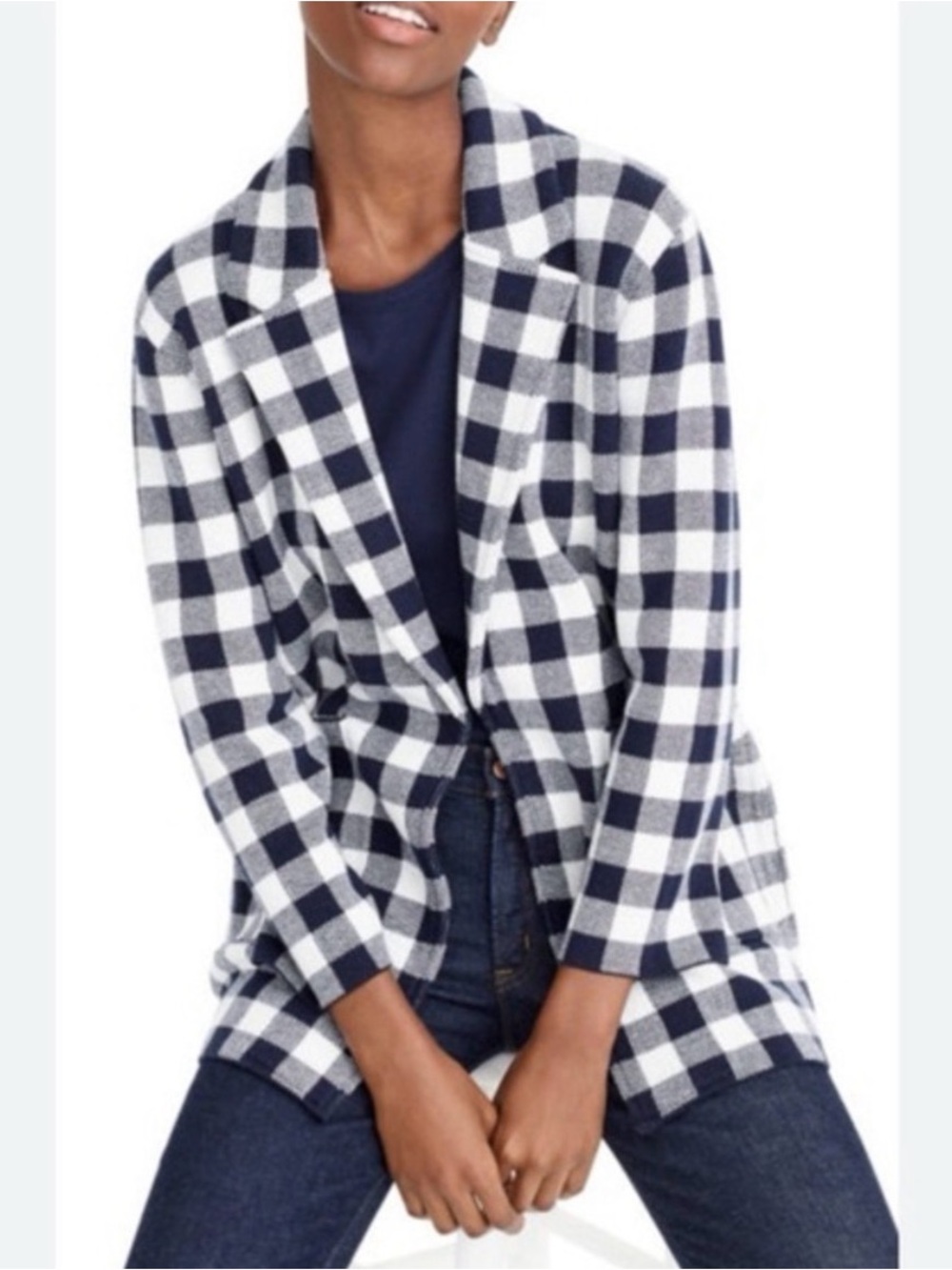 J. Crew | Sophie Gingham Navy Blue & White Merino Wool Blend Open Front Cardigan - Picture 9 of 10